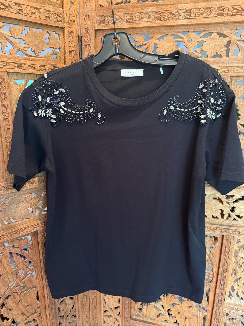 Sandro Black Short-Sleeve Tee with Beaded Shoulder Embellishment